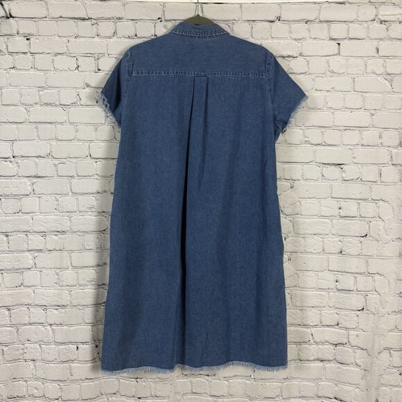 J McLaughlin Jones Denim Shift Dress Blue Raw Fringe Hem Trim Casual - Picture 10 of 12